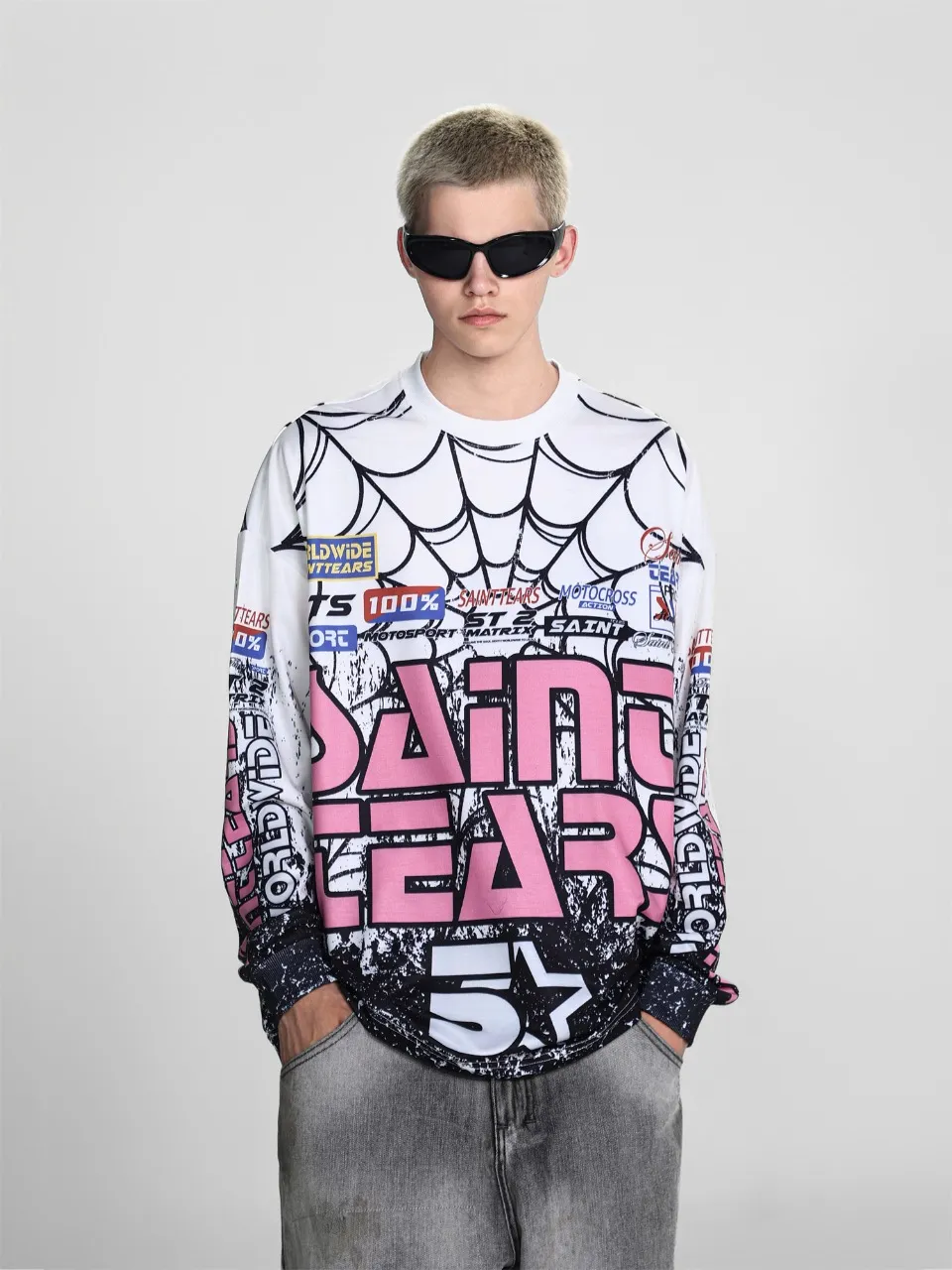 Saint michael tears all-over printed long-sleeved vintage autumn and winter T-shirt Style number: 118 Size: M L XL Wholesale price: 136 Color: white